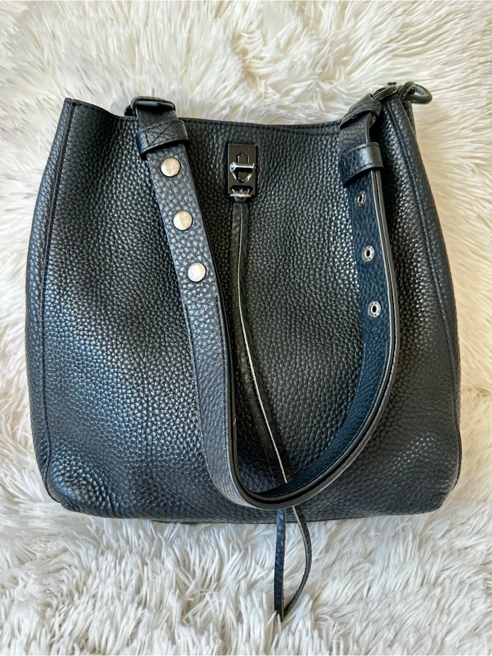 REBECCA MINKOFF Darren Black Pebbled Leather Shoulder Bag Gunmetal Hardware